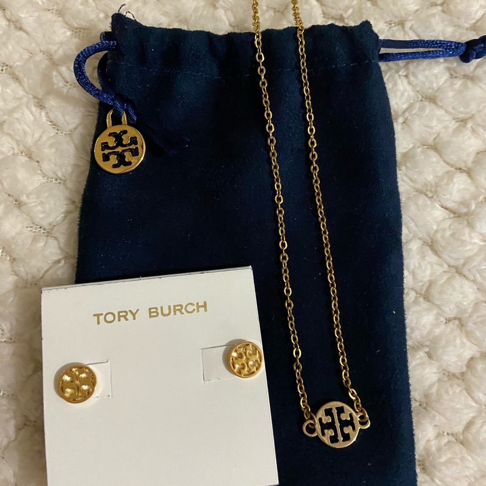 Tory Burch gold logo studs + gold logo necklace